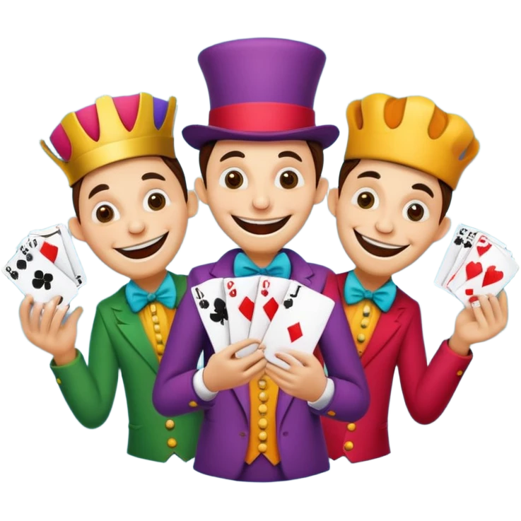 3 poker cards, with crazy colorful human jolly jokers inside, puppets in the hand emoji