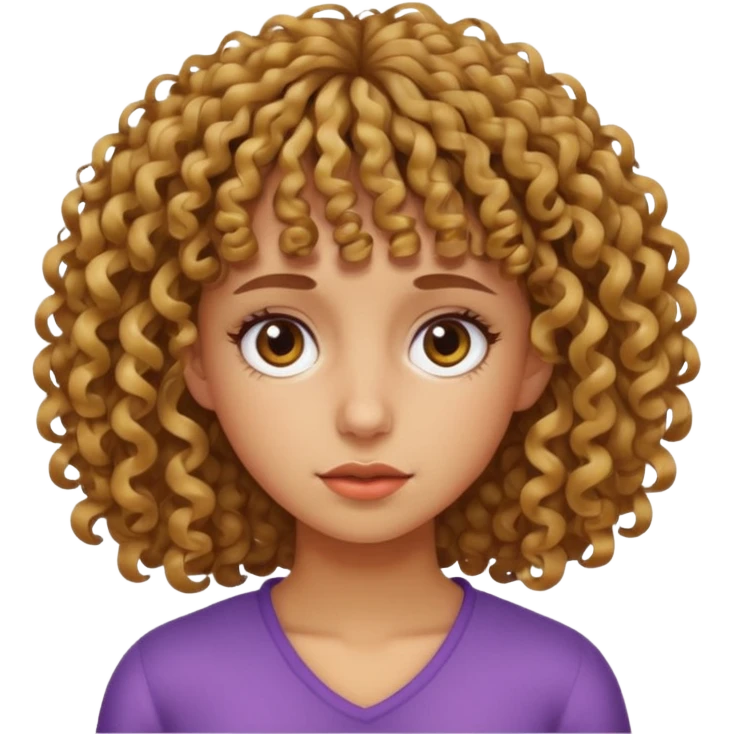 Fais un emoji d une fille avec les cheveux bouclés et une frange bouclés tordu mal faite la fille doit etre un peu mate de peau emoji