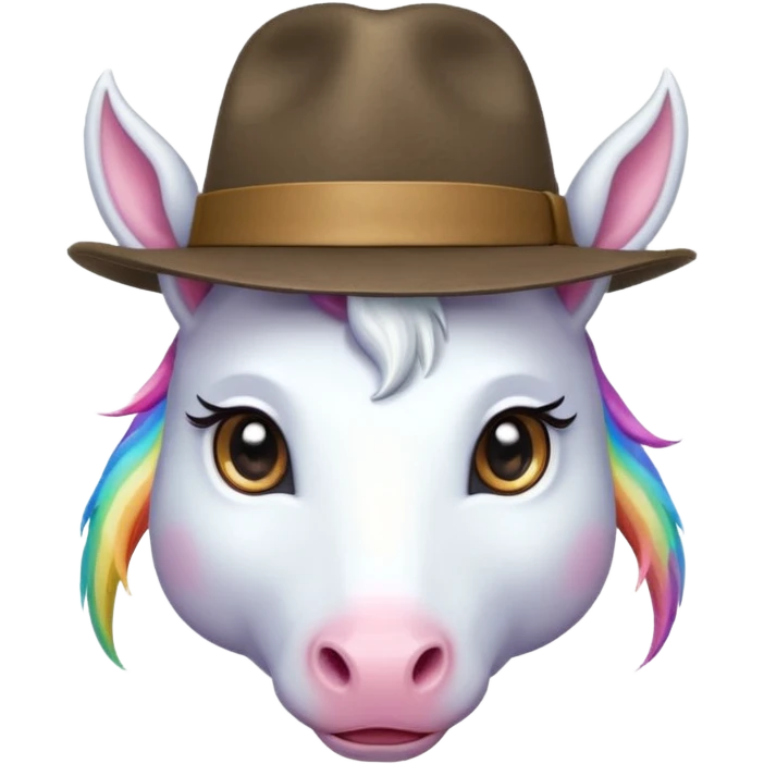 unicorn face cute wearing fedora, horn piercing through the hat looking in the camer emoji