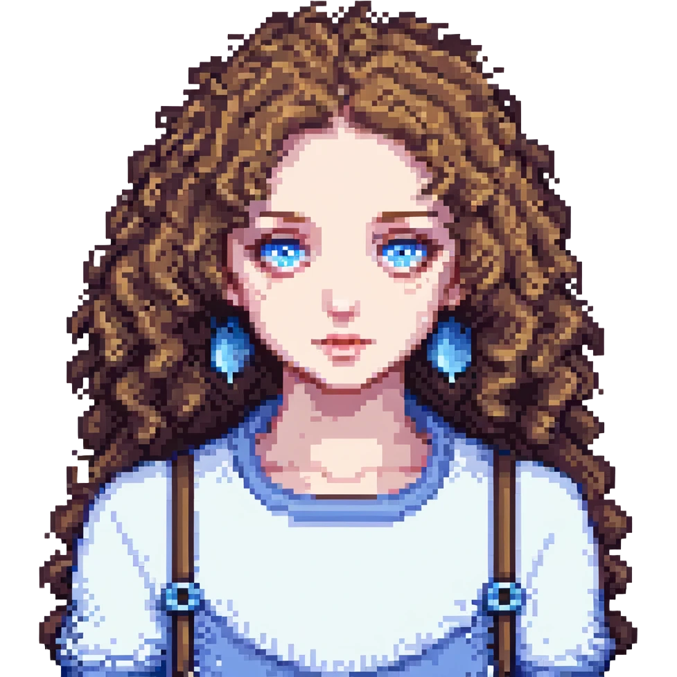 a girl with curly hair, pale skin, and blue eyes, pixel art style emoji