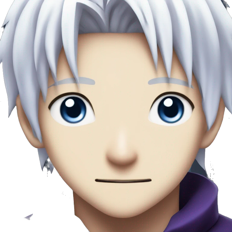 Satoru Gojo From jujutsu kaisen, with dark purple clothes with a tall collar, bright blue eyes, white hair and white eyelashes emoji