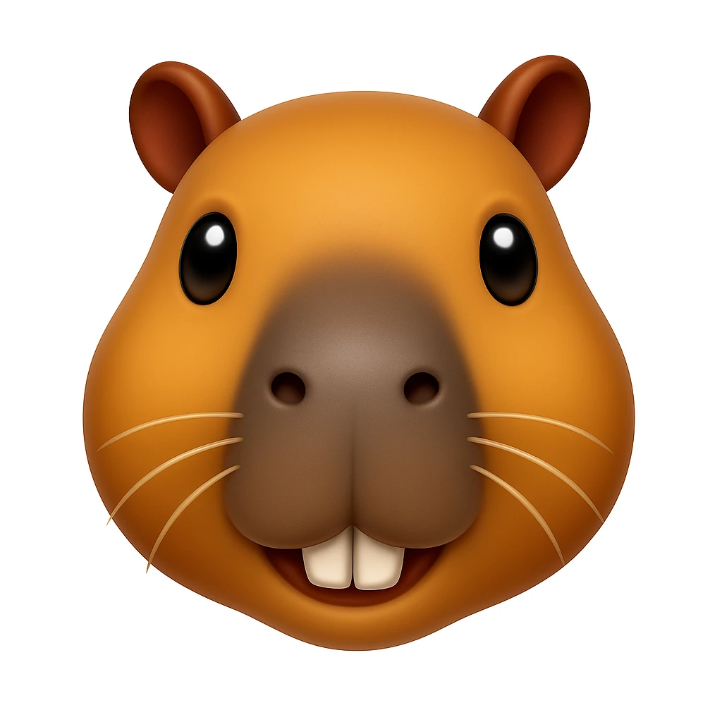Create a capybara emoji that looks exactly like the reference image in iOS emoji style. The emoji should have a 3D appearance with shiny, smooth gradients, soft shadows, and a realistic capybara head with a classic emoji look. emoji