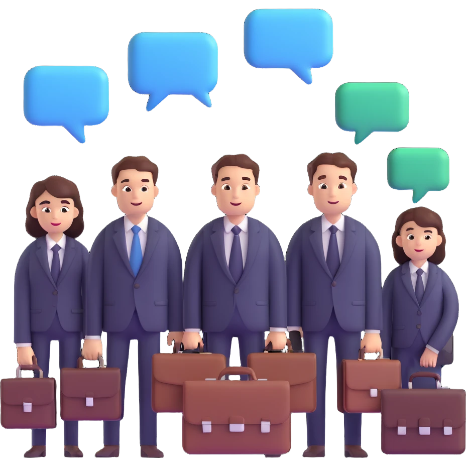 group of business managers with briefcases and digital chat bubbles, representing an online community emoji