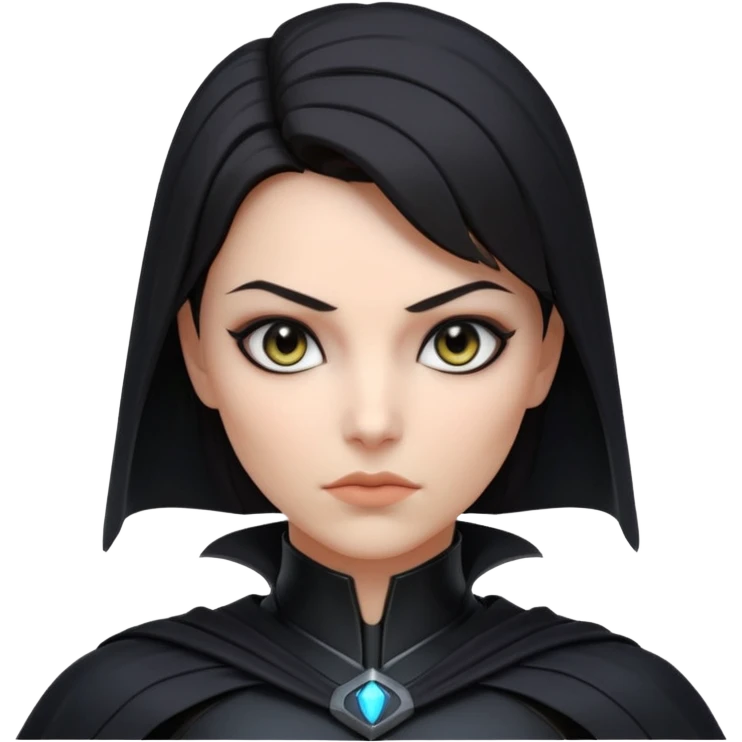 dark sci-fi villain female portrait, head and shoulders only, black armor, cape collar, intense eyes, sharp confident expression, subtle futuristic makeup, dramatic lighting, 3D cartoon, mobile game icon style, clean background, no text, no watermark
 emoji