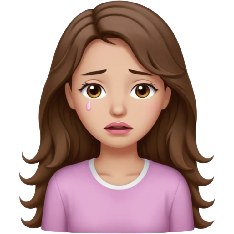 girl with wavy long brown hair, brown eyes, light to medium complexion, long lashes, light pink lipstick, wearing light pink shirt, weeping big big tears emoji