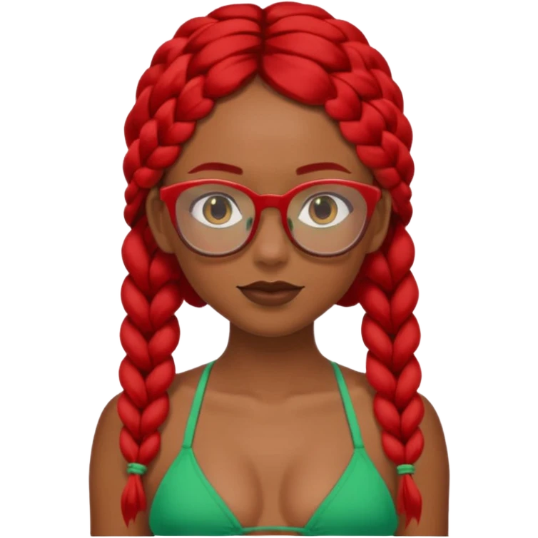 Dark Tan girl with two long red plaits and red rimmed  glasses, green bikini top,  head neck and shoulder shot only emoji