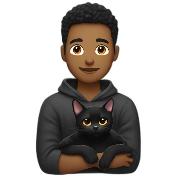 man in tracksuit cradling black cat like a baby emoji