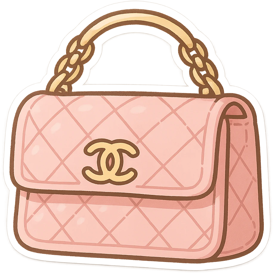 pink Chanel purse, cute and exaggerated chibi stickers style emoji