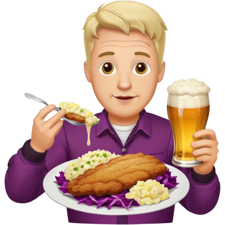 German man eating schnitzel, potato salad, red cabbage, sauerkraut, and beer emoji