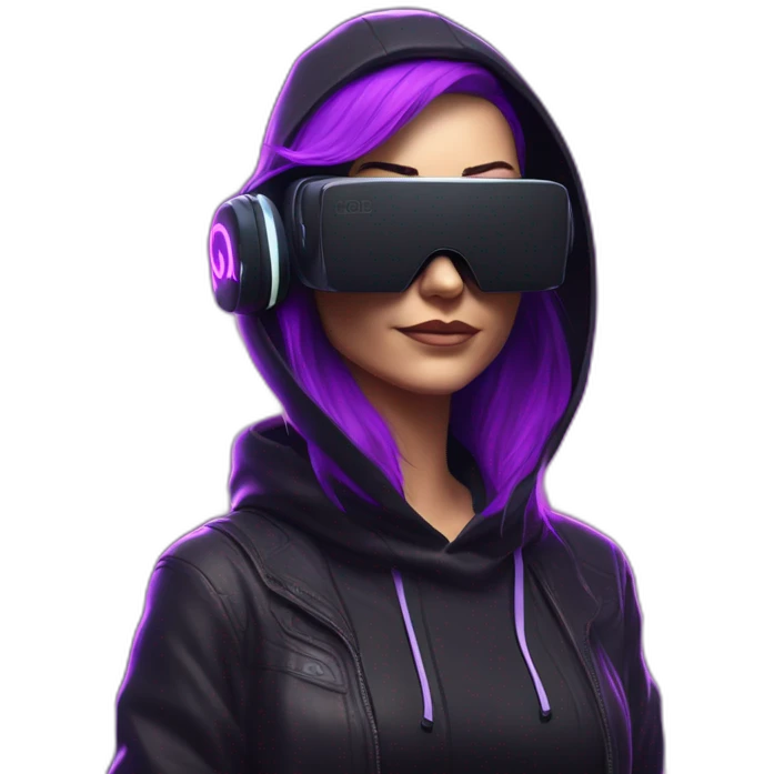 Cathie Wood wearing a black hoodie with "OMG" letters on it and VR headset in a cyberpunk VR environment with violet neon lighting. emoji