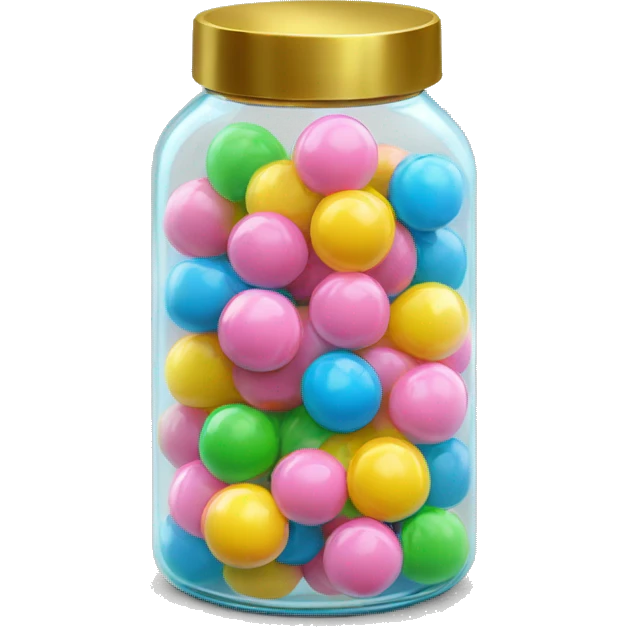 Realistic bubble gum balls in a glass jar with a gold screw on lid on the top. emoji