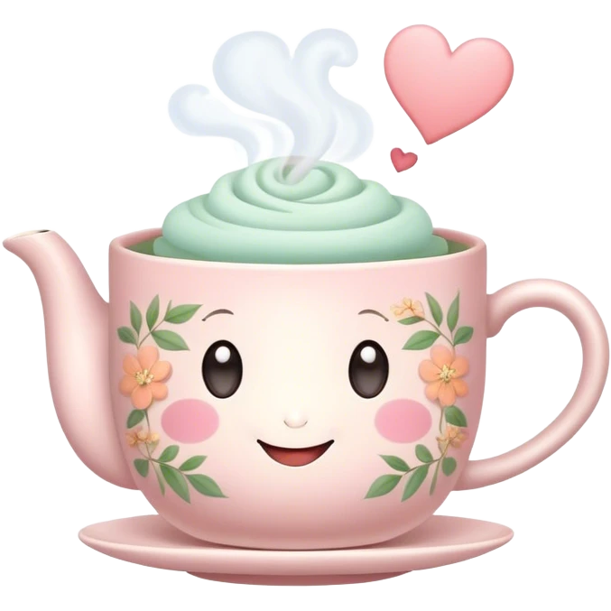 Cute Kawaii Tea Cup, steaming with warmth, a charming smiling face, soft pastel tones, delicate floral patterns, a tiny heart-shaped tea bag tag, cozy and inviting! emoji