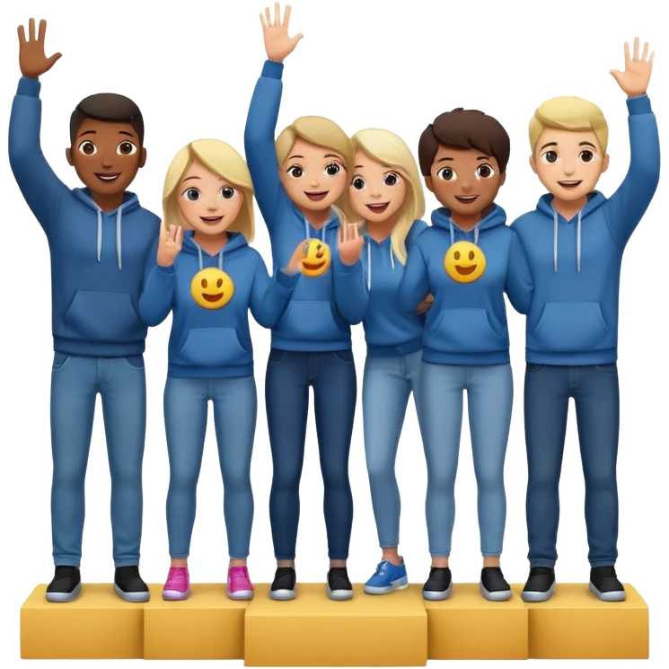 multi-racial group on a winners’ podium, no numbers, all in jeans and hoodies, very excited, fun, expressive emoji style emoji