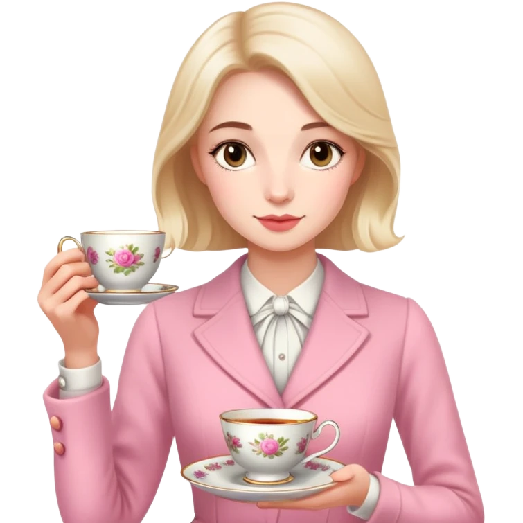British girl elegantly holding teacup with one hand, pinky slightly raised, proper tea etiquette emoji