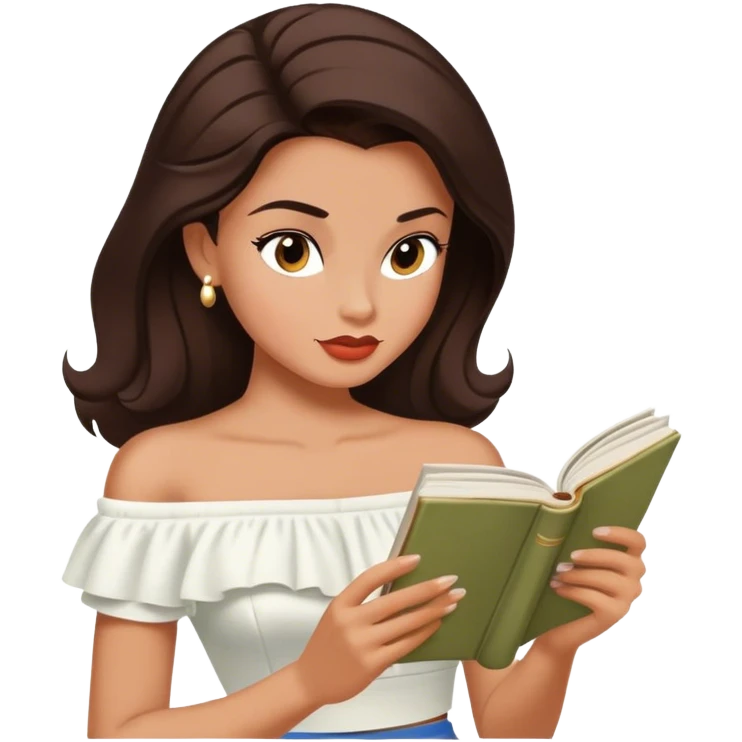 Beautiful woman in 1950’s woman fashion look, off-shoulder white shirts crop top, long dark brown hair, reading emoji
