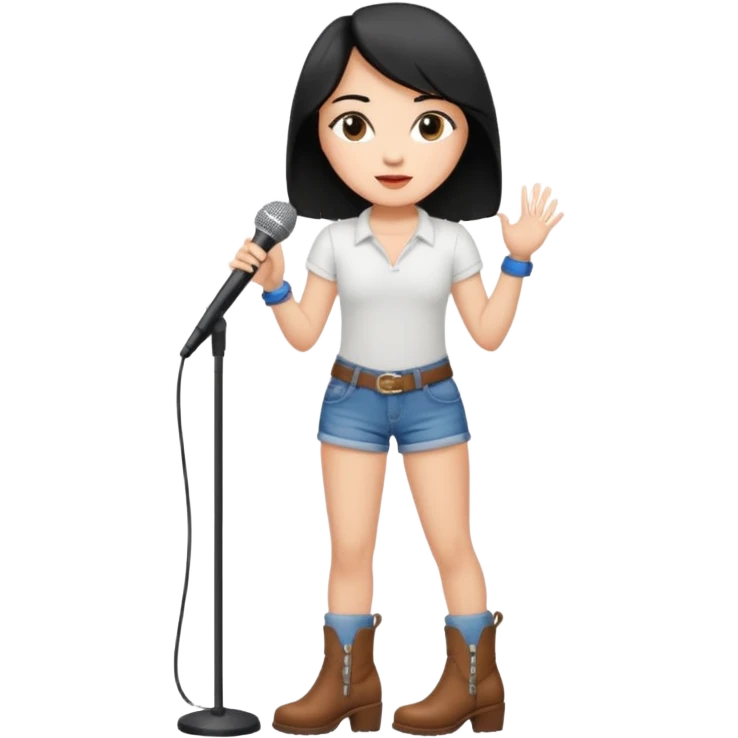 Crie uma cantora morena charmosa de shortes top e bota com microfone branca e cabelo preto emoji