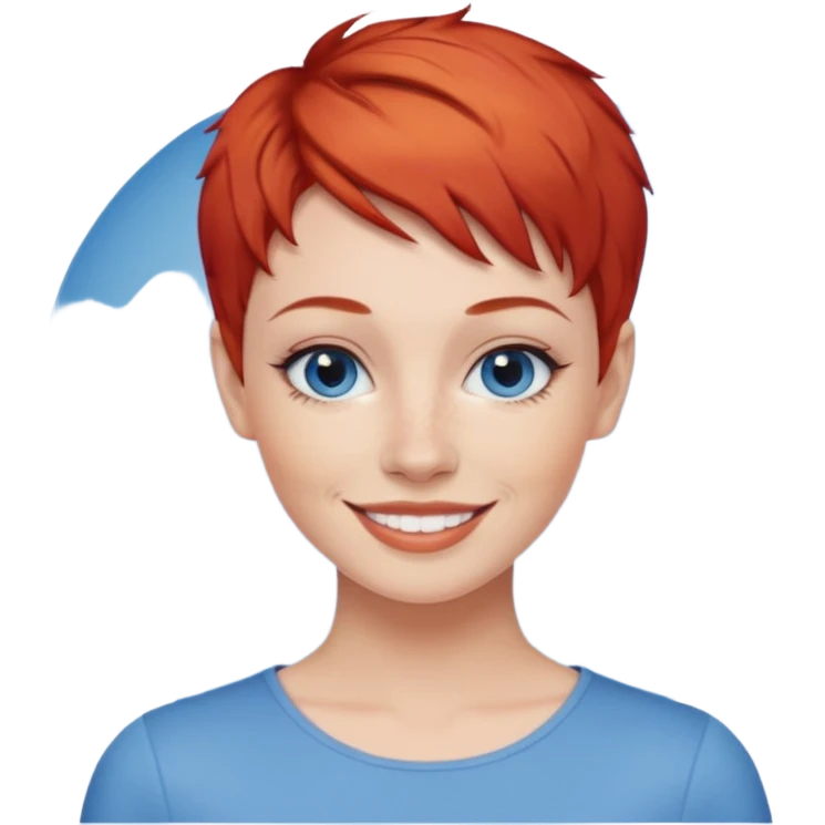27 year old white woman, red hair, pixie cut, blue eyes emoji
