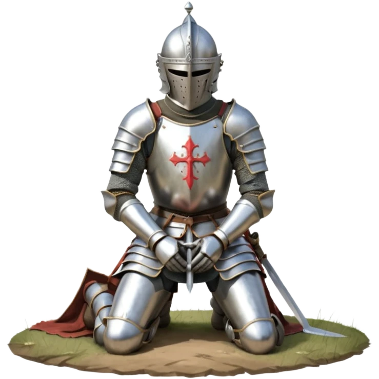 A lone medieval knight in plate, worn armor kneels. His helmet is closed, hiding his face, conveying silence, exhaustion and contemplation. A long sword is planted in the ground beside him, its hilt resting near his gloved hands as if he is praying or resting after battle. emoji