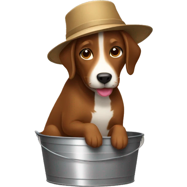 Brown dog wearing a bucket emoji