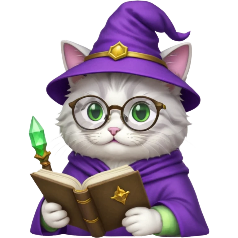 fluffy cat wizard reading a spellbook wearing glasses and a purple hat emoji