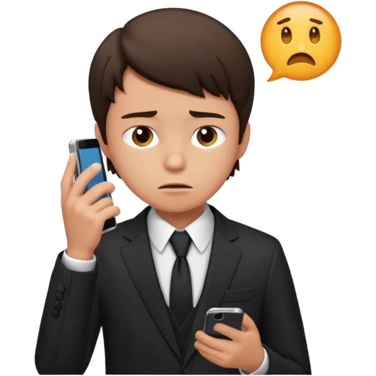 generate a brunette teen boy. dressed formally at work.  calling on a mobile, looking upset emoji