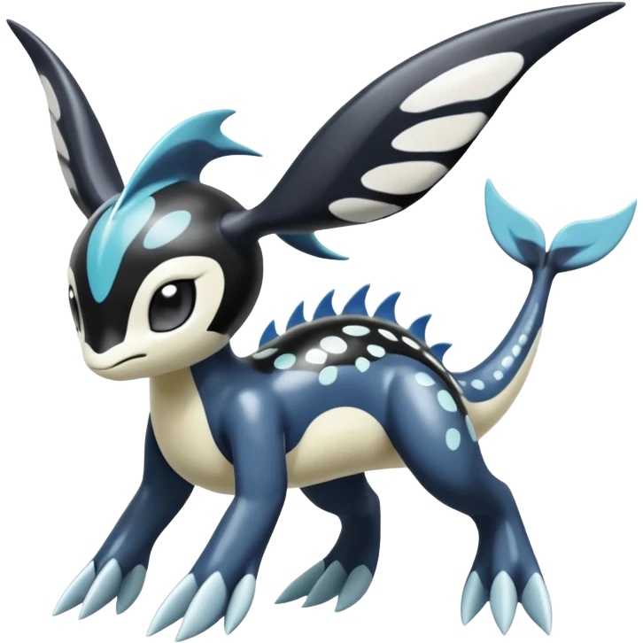 Black and white smooth glossy soft hot spotted Meloetta-Dialga-Orca-Giratina-Noibat-Pokémon-Fakémon-fusion-hybrid-creature emoji