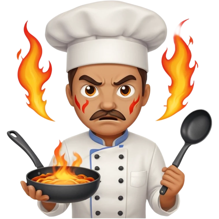 angry chef with flames in eyes, confidently crossing two frying pans across chest emoji