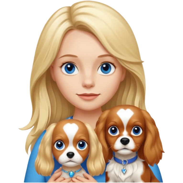 Blond Mom with a little blue eyed girl. The girl has long blonde hair. And there is one dog. The dog  is a tricolora king cavalier charles spaniel  emoji