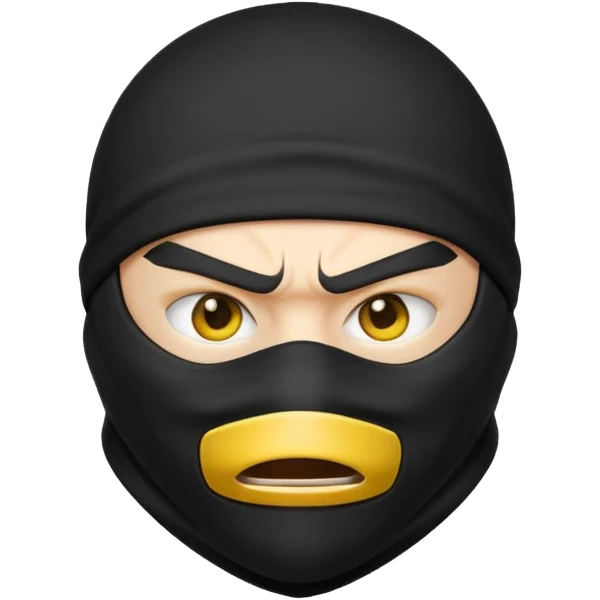 angry ninja face emoji, classic yellow emoji style, all black ninja mask covering mouth and nose, only angry eyes visible emoji