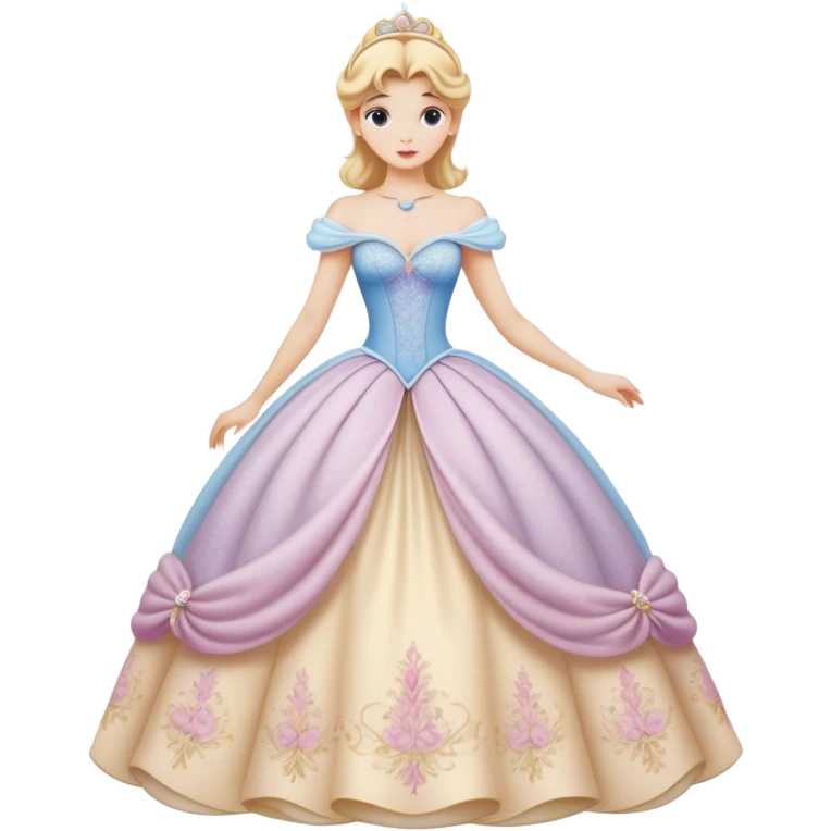Cinematic Realistic Cinderella Portrait, depicted with lifelike porcelain skin, elegantly styled blonde hair, and a serene, graceful expression. Dressed in her classic ball gown with intricately detailed fabric textures and delicate pastel hues that catch soft, natural lighting, this portrait captures the timeless beauty of a fairy tale princess. emoji