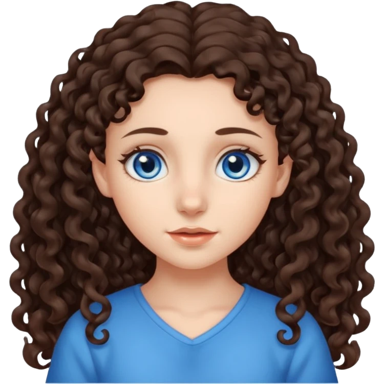a girl with long dark brown curly hair that starts at the level of her ears, and blue eyes emoji