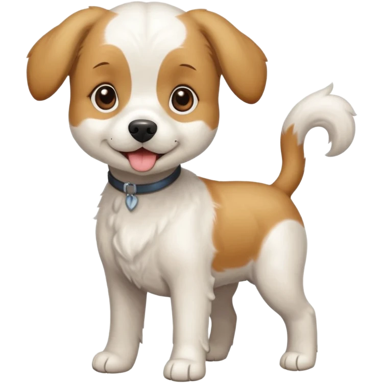 a full body white beagle x maltese x chi dog the size of a kelpie with light brown ears and a light brown patch on one eye emoji