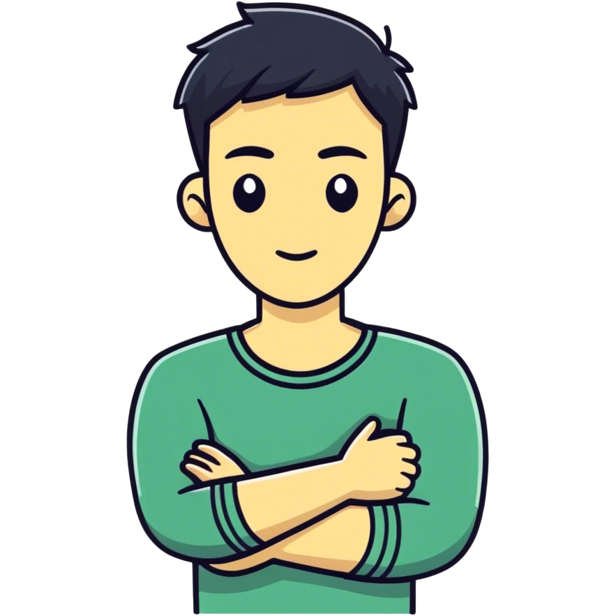 Guy with crossed arms holding neck not smiling  emoji