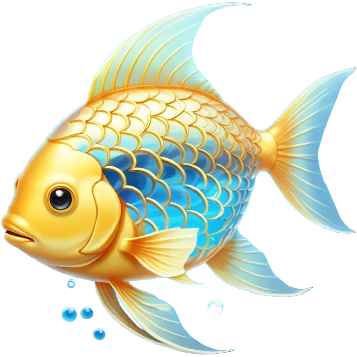 Ethereal golden fish in the shape of an omega symbol, radiating gentle waves of energy that flow toward a glowing brain and heart. The fish appears translucent and luminous, with scales that shimmer with healing properties, all suspended in a dreamy blue atmosphere. emoji