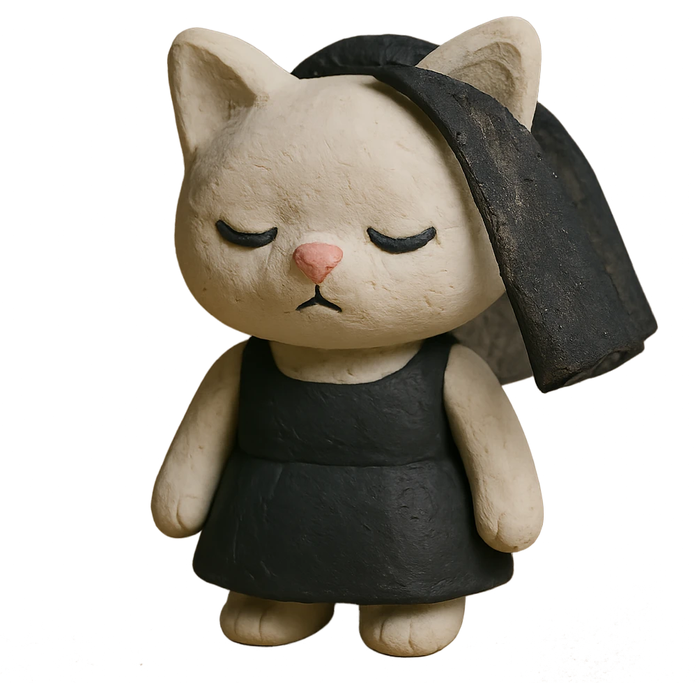 white baby cat wearing a black mini dress and black veil emoji