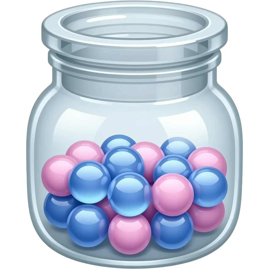 Petit pot transparent rempli de billes bleu et rose pastel emoji