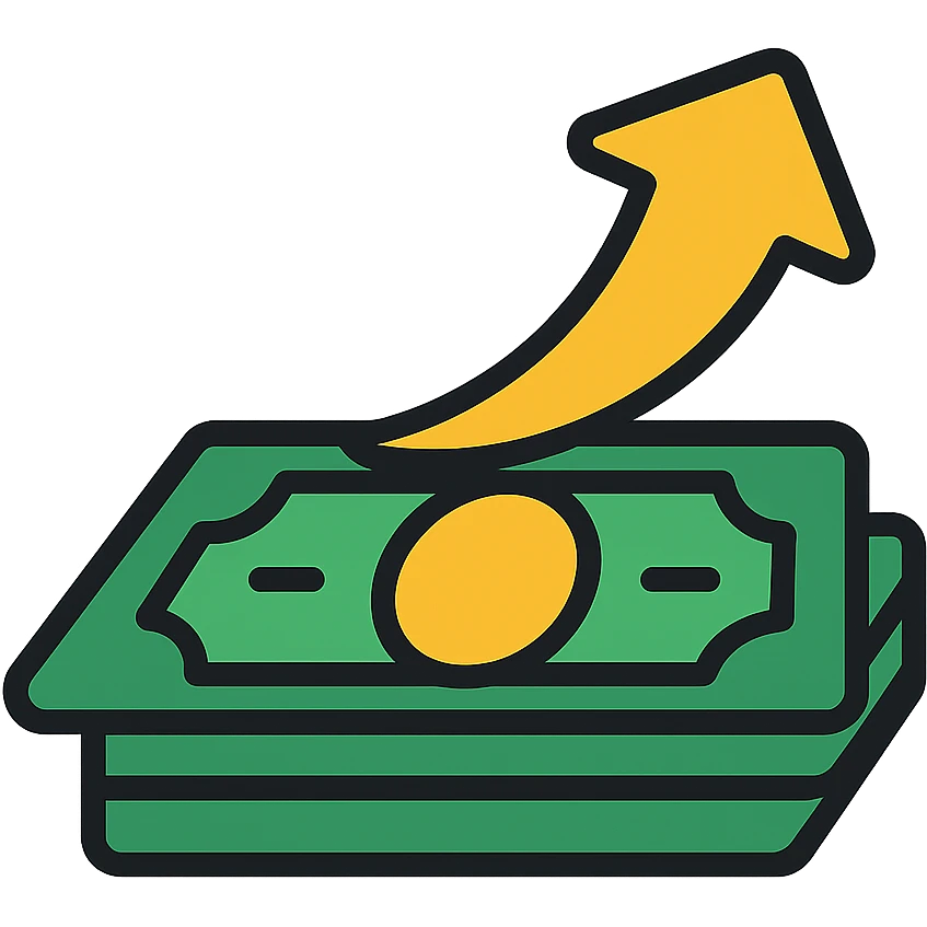 golden arrow with a stack of green cash, bold and colorful, icon style emoji