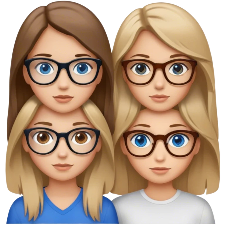 a girl with dirty blonde hair and blue eyes, next to a girl with brunette hair and brown eyes with brown glasses on a white background  emoji