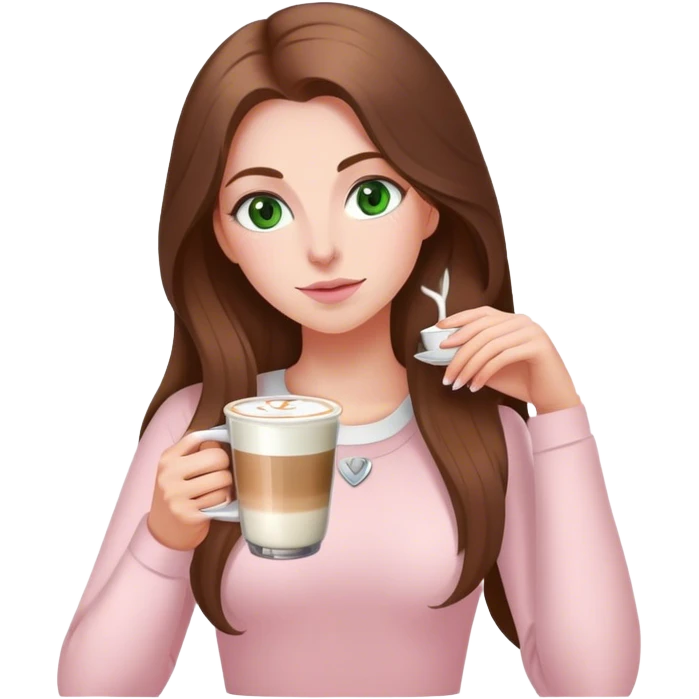 pretty woman with very long brown hair and green eyes and light pink outfit drinking a latte emoji