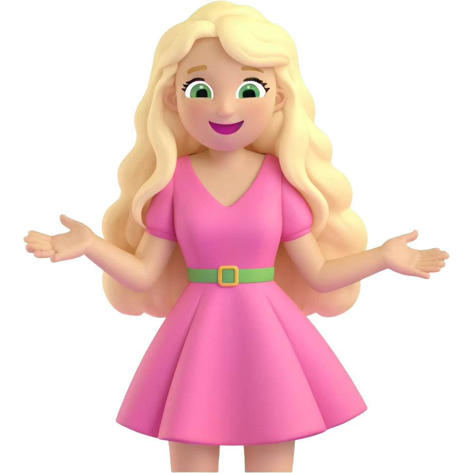 blonde with long hair and swamp eyes in a pink pastel dress, laughing, 3D iOS realistic emoji style emoji