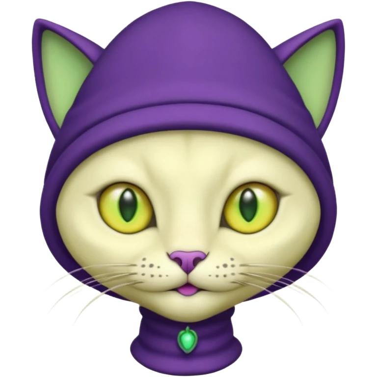 dark purple alien cat with no fur and yellow hat and green eyes emoji