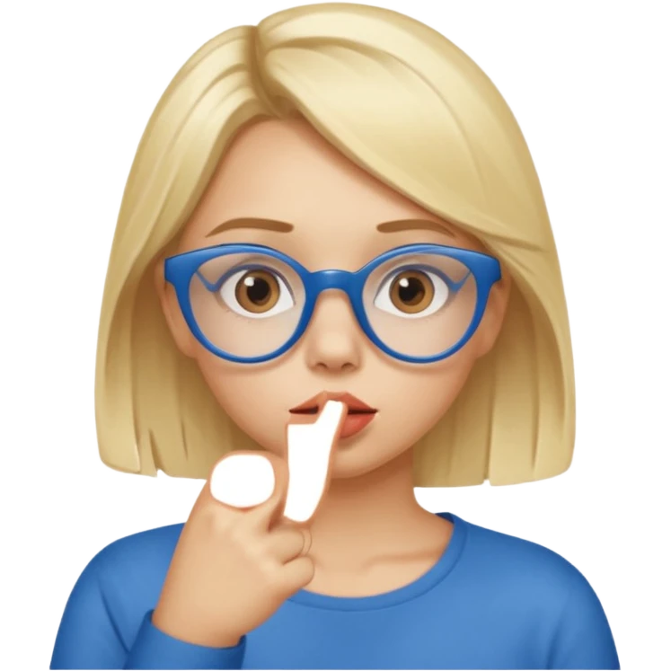 Blonde girl with brown eyes,  blue glasses saying shhhh with her finger to her lips emoji