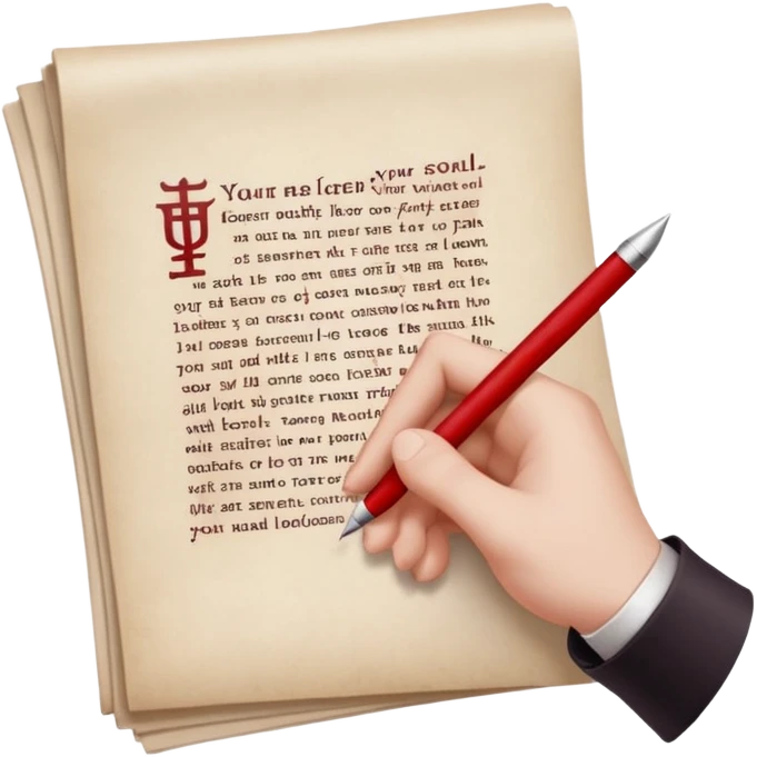 Minimalist emoji-style sticker of a pale hand signing a parchment contract titled “YOUR SOUL” in gothic font, muted red ink, grayscale background emoji