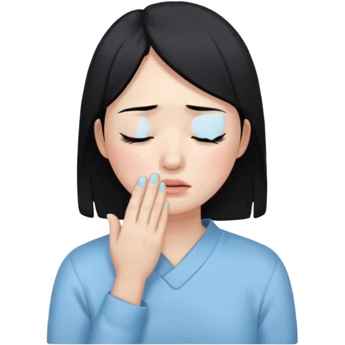 A crying East Asian woman with black hair, wearing light blue clothing. Her skin appears dry, closing her eyes and crying emoji