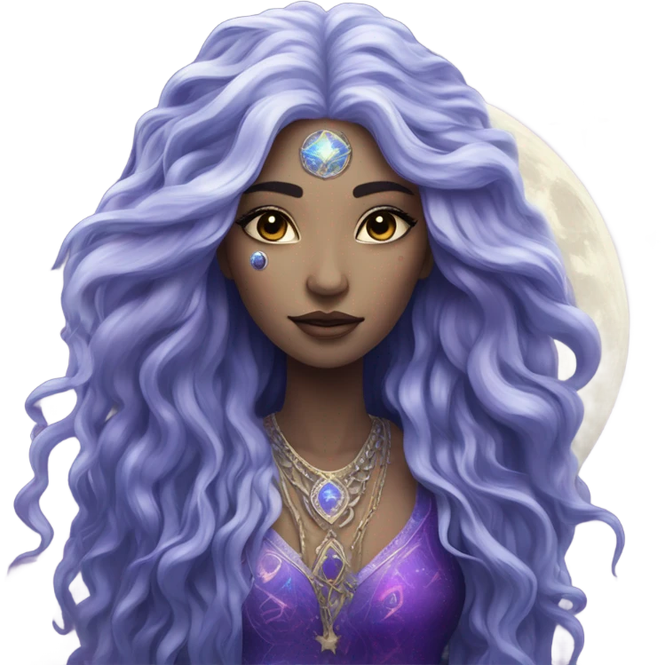 white mystical woman with sparkling galaxy hair with moon and stars in purple and blue shades emoji