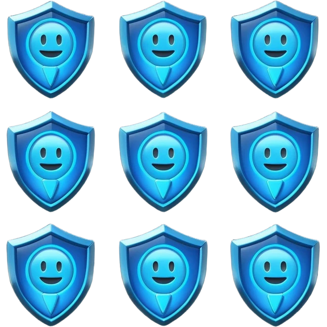Futuristic glowing blue emoji badge set for the brand name “DRAEV” — includes shield, checkmark, camera, briefcase, verified tick, bot face, and rocket. Neon blue glow, dark gradient background, cyber aesthetic, 3D soft lighting, premium tech style. emoji