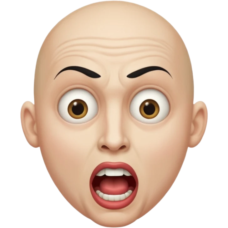 a bald cabaret actor with a white, dry, long, made-up face and heavily made-up eyes and mouth, a huge, wide-open mouth and a startled look emoji