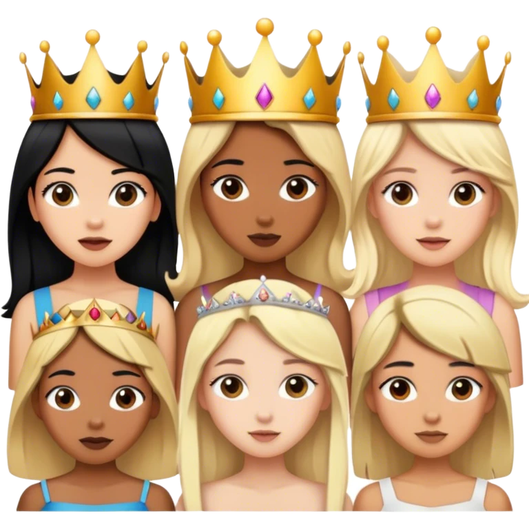 Black hair, dark brown hair tan girl, and blonde girl with crowns emoji