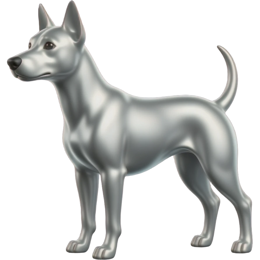 Silver dog, black background, high contrast, mostly monochrome, minimalist futuristic design, metallic texture, smooth surface, smooth texture with soft neon hues, smooth, futuristic, minimalist emoji