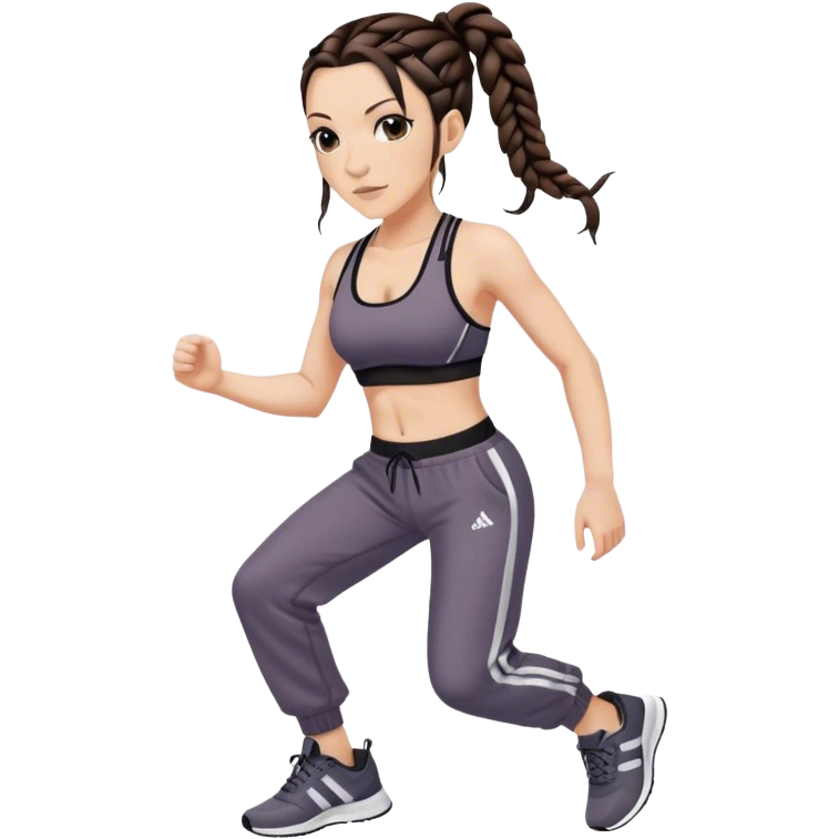 Melanie chisholm with two dark brown french braids, wearing a sports bra and track pants with sneakers emoji